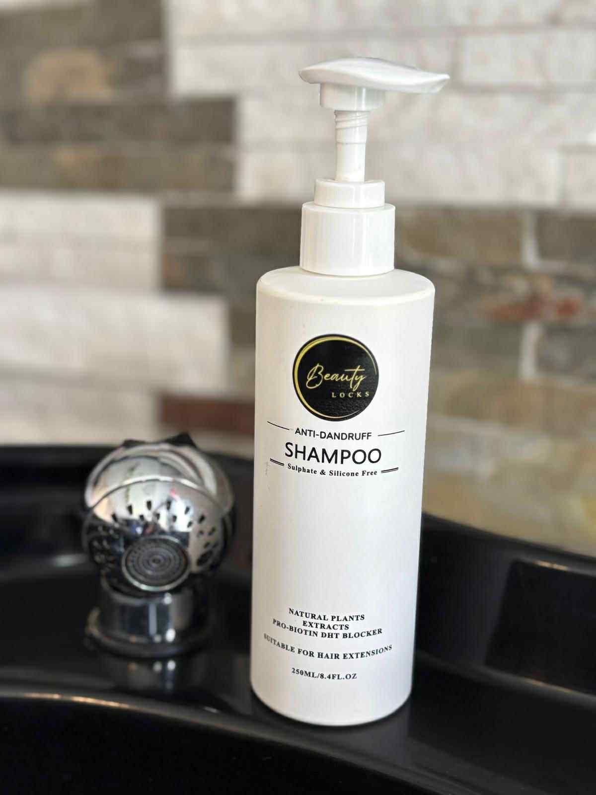 White shampoo bottle with pump on a bathroom counter