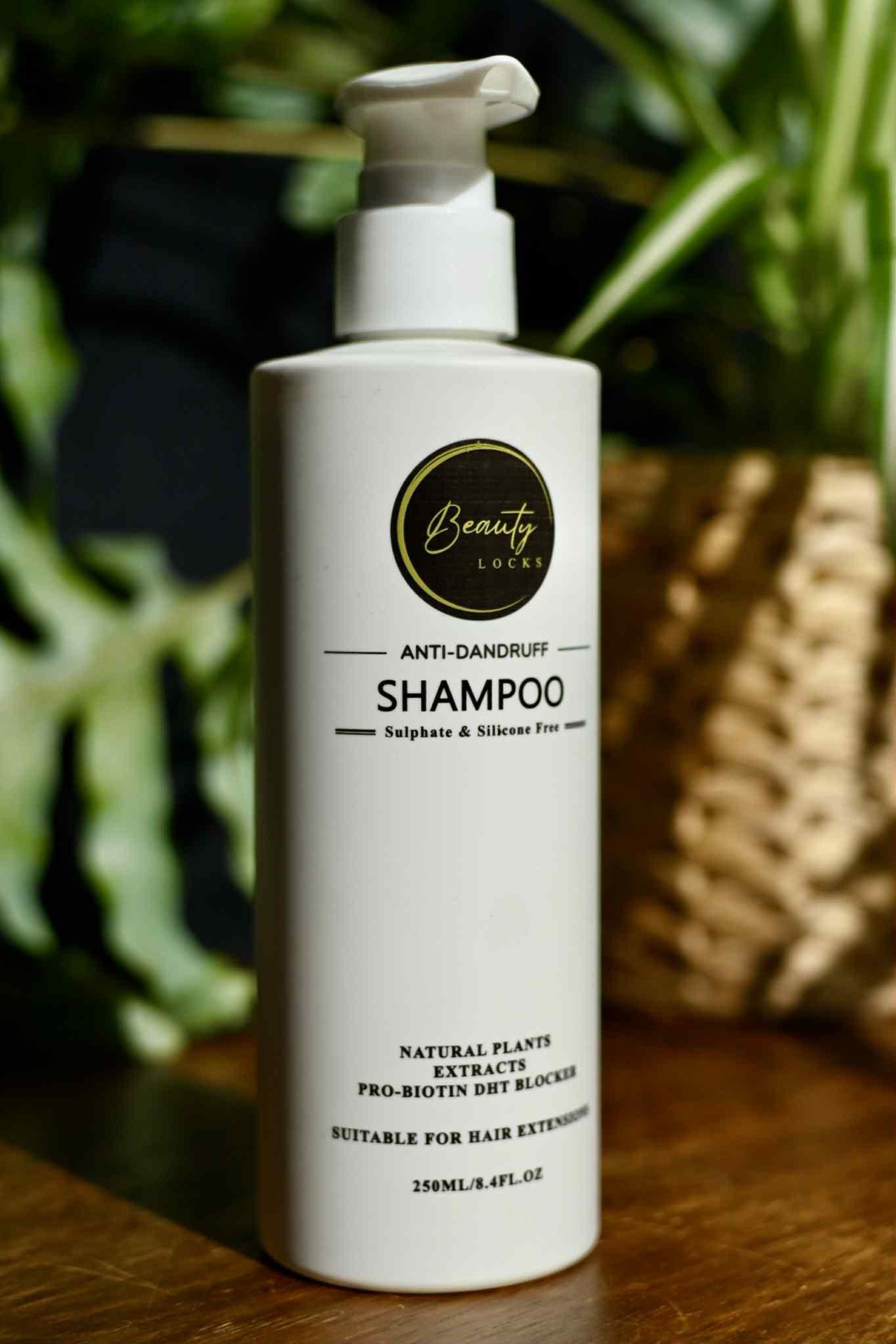 Shampoo bottle with 'Beauty Care' branding on a wooden surface with greenery in the background