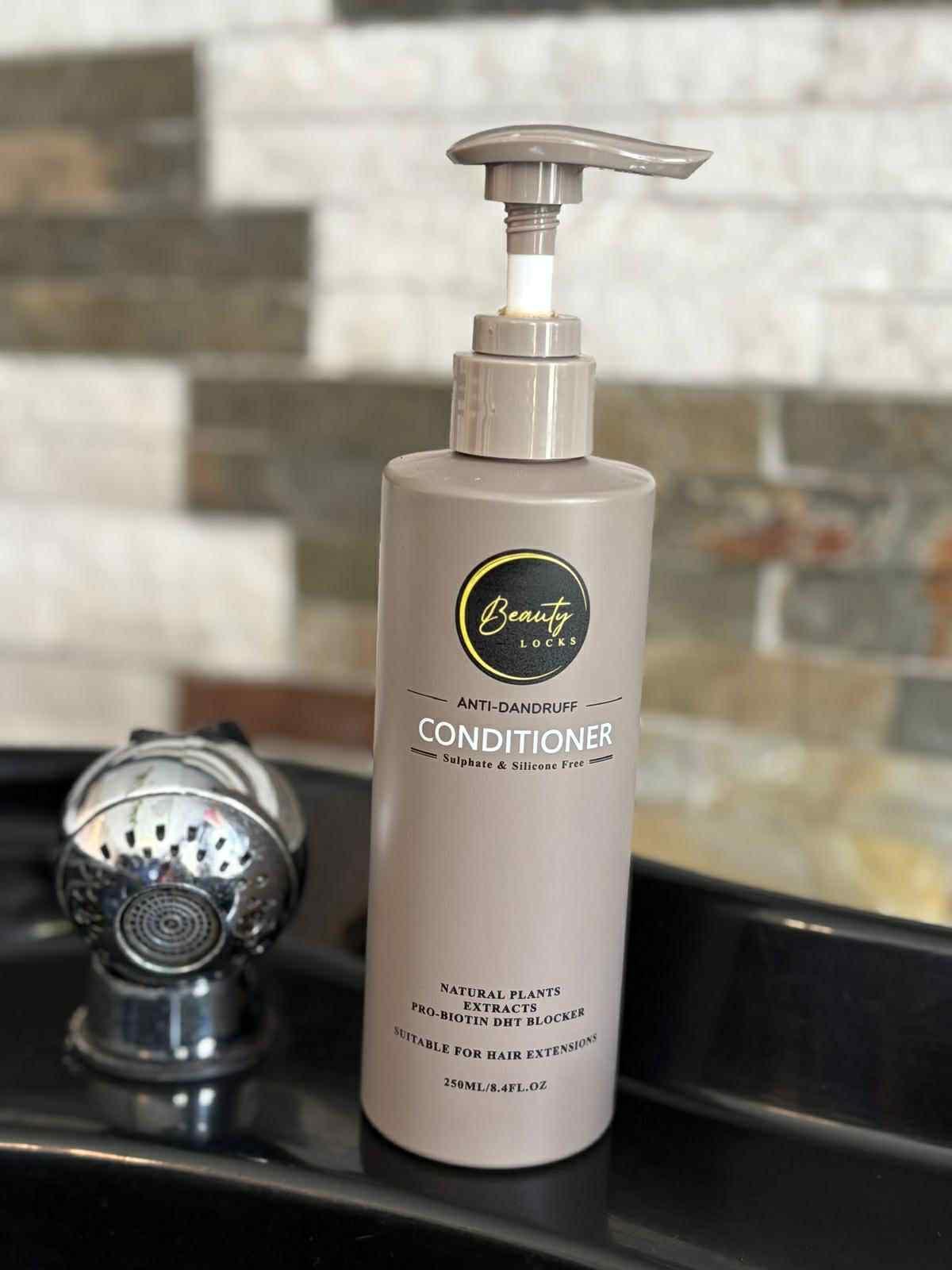 Brown Conditioner bottle on a bathroom counter with a blurred background